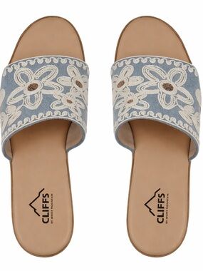 White Mountain Denim Blue Floral Wedge Sandals